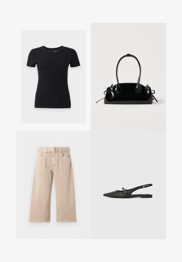 Haut noir en maille côtelée à manches courtes avec encolure ronde et bord festonné, silhouette ajustée.; Pantalon beige à larges jambes avec passants de ceinture, poches latérales et fermeture à boutons sur le devant, présenté sur fond blanc.; Chaussures slingback en cuir noir avec un bout pointu, comprenant une lanière étroite et un accent de boucle argentée sur le côté. Semelle plate.; Petit sac à main noir brillant avec deux longues anses et des détails à cordon sur les côtés sur un fond clair uni.