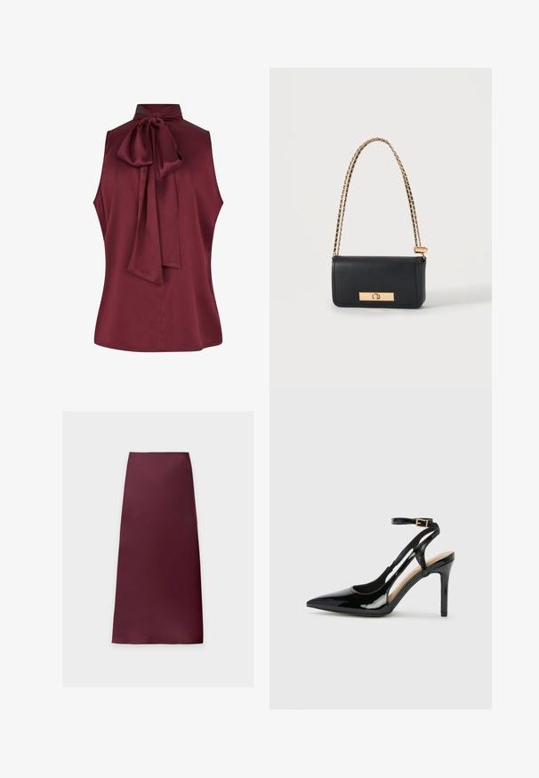 Haut sans manches bordeaux avec un col montant et un détail de nœud au dos, en tissu lisse. Présente un ourlet droit et aucune fermeture visible.; Jupe midi droite de couleur bordeaux foncé unie, en tissu lisse sans motifs ni ornements visibles.; Escarpin en cuir verni noir à talon haut, avec un bout pointu, une bride réglable à la cheville et des côtés ouverts. Texture lisse.; Sac à main rectangulaire en cuir noir avec une lanière chaîne dorée et un fermoir rectangulaire doré à l'avant.
