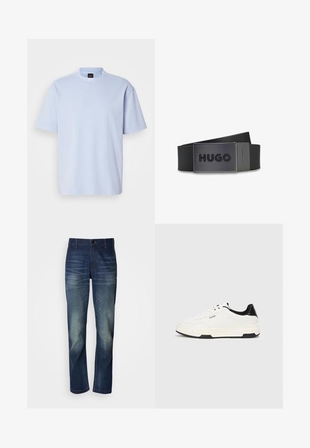 Camiseta de cuello redondo de manga corta en azul claro con una pequeña etiqueta de la marca BOSS en negro y naranja en el cuello.; Vaqueros de mezclilla azul oscuro con corte de pierna recta, con desgaste en la parte delantera, bragueta de botones y diseño estándar de cinco bolsillos.; Zapatilla blanca con talón y acentos negros, parte superior de tela texturada, suela de goma y cordones planos. Presenta un logo en el costado.; Cinturón de cuero negro con una hebilla rectangular de metal negro con la palabra "HUGO" en relieve y letras en negrita.