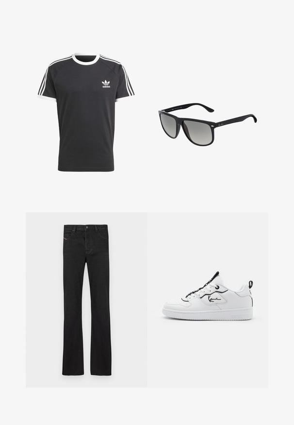 Sort t-shirt med hvid krave og ærmekanter, der har tre hvide vandrette striber på hver skulder og et lille hvidt Adidas-logo.; Sorte denimjeans med en lige pasform, der har fem lommer, en knaplukning foran og diskrete røde stikninger på venstre lomme.; Hvide sneakers med en glat læderoverdel, sorte accenter, signaturlogo på siden, rund tå og kontrasterende snørebånd.; Sorte plastik solbriller med gradientlinser. Firkantet form med afrundede kanter, prydet med sølv metalaccenter og en tekstureret inderside på stængerne.