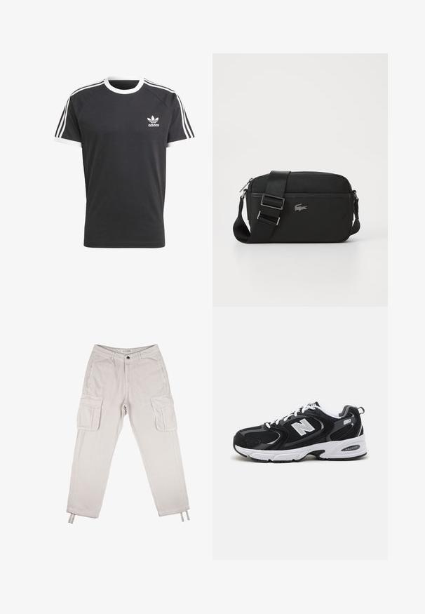Camiseta negra con cuello y ribetes de las mangas en blanco, que presenta tres franjas horizontales blancas en cada hombro y un pequeño logo de Adidas en blanco.; Pantalones cargo de pana gris claro con bolsillos laterales, cierre de botón y perneras ajustadas. Presentan un tejido texturizado y puños ajustables.; Zapatillas deportivas en negro y gris con parte superior de malla y ante, que cuentan con una entresuela blanca, cordones y un llamativo logo "N" en el lateral.; Bandolera negra hecha de tela texturizada, con cierre de cremallera, correa ajustable y un logo plateado de Lacoste en la parte frontal.