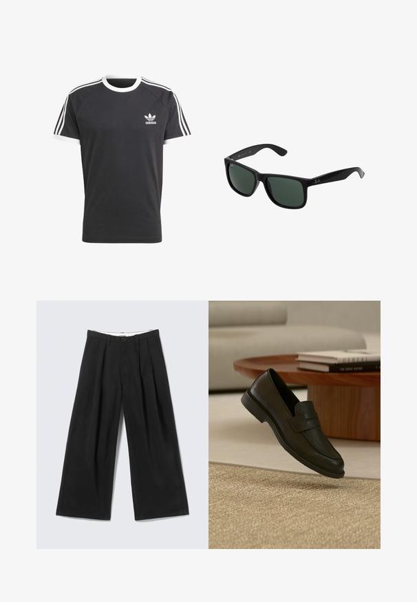 Camiseta negra con cuello y ribetes de las mangas en blanco, que presenta tres franjas horizontales blancas en cada hombro y un pequeño logo de Adidas en blanco.; Pantalones anchos negros con pliegues, trabillas para cinturón y cierre de botón, mostrados sobre un fondo gris claro.; Zapato mocasín de cuero negro mostrado en el aire sobre una alfombra beige tejida, con una mesa de madera y libros apilados en una sala de estar con luz suave.; Gafas de sol de plástico negro con lentes verdes, que cuentan con un marco cuadrado, acabado liso y el prominente logo de Ray-Ban en las patillas.