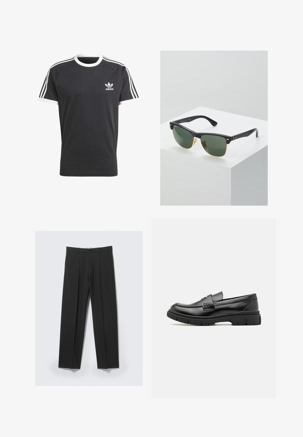 Sort t-shirt med hvid krave og ærmekanter, der har tre hvide vandrette striber på hver skulder og et lille hvidt Adidas-logo.; Sorte skræddersyede bukser med forreste plisseringer, sidelommer, bæltestropper og knaplukning ved linningen på en lys baggrund.; Sort læder loafersko med en bred rem over forfoden, gummisål med tykke mønstre og glat overflade. Klassisk, slankt design.; Ray-Ban solbriller med grønne linser, sorte plastikstel og gyldne detaljer ved kanterne. Firkantet form med mat finish.