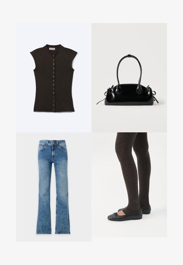 Haut noir sans manches à boutons, col montant et œillets métalliques sur le devant, étiqueté "WEEKDAY" à l'intérieur du col.; Jean bootcut en denim bleu avec poches avant et double boutonnière, présenté à plat sur fond blanc.; Jambes portant des leggings côtelés foncés associés à des ballerines noires avec de petits détails en nœud sur fond blanc.; Petit sac à main noir brillant avec deux longues anses et des détails à cordon sur les côtés sur un fond clair uni.