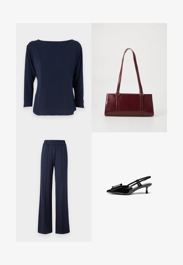 Top de manga larga azul marino hecho de una tela suave, con un escote amplio y un corte relajado, con dobladillo recto y costuras mínimas.; Pantalones de pierna ancha de color azul marino con una cintura elástica, fabricados en una tela suave y lisa. Presentan líneas limpias y una silueta relajada.; Zapatos de tacón slingback de charol negro con punta afilada, detalle de lazo en el frente y un pequeño tacón de aguja. Las correas tienen hebillas ajustables.; Bolso burdeos hecho de material brillante, de forma rectangular, con dos asas para el hombro y sutiles acentos curvados en la parte frontal.