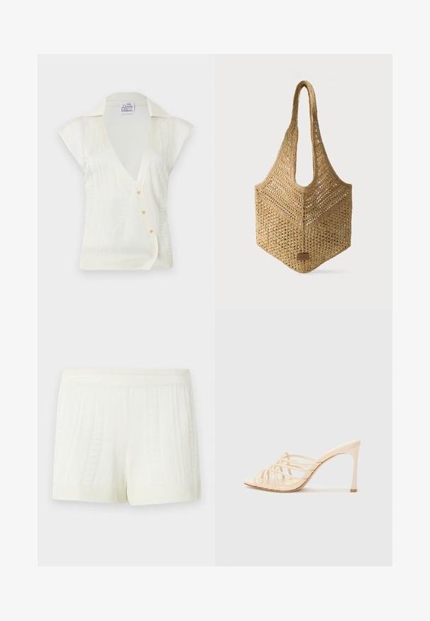 Haut tricoté blanc sans manches avec col en V, design col, rayures verticales texturées et quatre petits boutons décoratifs sur le devant.; Shorts tricotés de couleur crème avec des motifs texturés verticaux et une large ceinture élastique sur un fond uni.; Mules à talons hauts beiges avec un design à lanières. Présentent un bout carré, une texture lisse et un talon élancé avec un accent doré à la base.; Sac cabas beige tissé avec longues poignées, motif à tissage ouvert et petite étiquette en cuir rectangulaire en bas à l'avant.