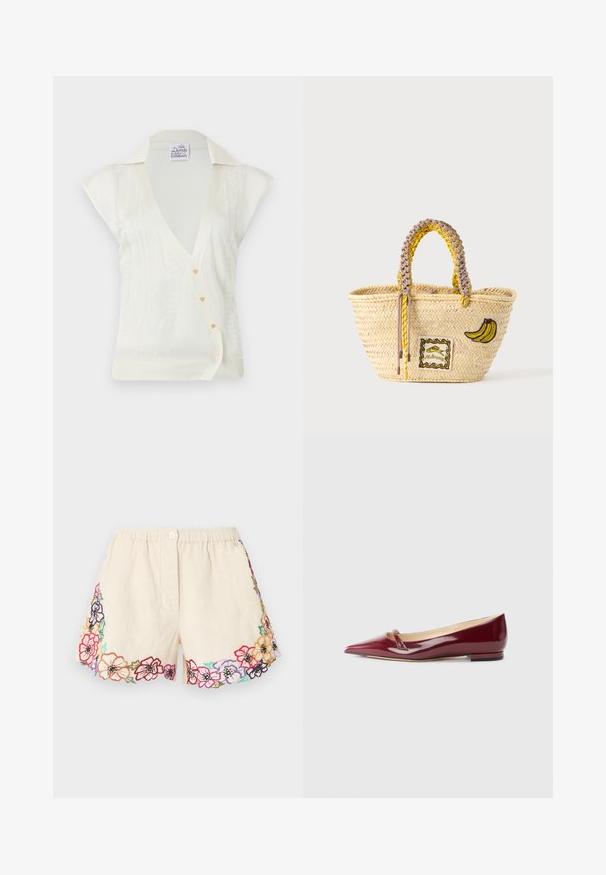 Haut tricoté blanc sans manches avec col en V, design col, rayures verticales texturées et quatre petits boutons décoratifs sur le devant.; Shorts crème avec ceinture élastique, fermeture par bouton, et motifs floraux brodés multicolores le long de l'ourlet et des côtés.; Ballerines en cuir verni bordeaux avec un bout pointu, présentant un petit détail découpé et un petit talon. Texture lisse et design épuré.; Sac cabas en paille tissée avec des anses tressées jaunes et beige, décoré d'un patch banane et d'un petit motif poisson encadré à l'avant.