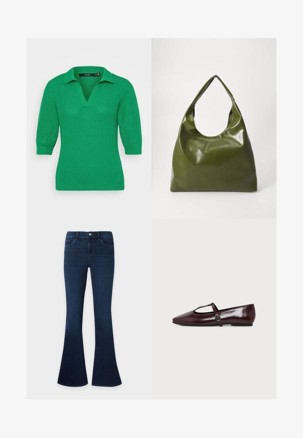 Groene gebreide pullover met een V-hals en korte mouwen. De textuur van de stof heeft een geribd patroon; voorzien van een klassieke kraag.; Donkerblauwe denim jeans met een hoge taille en uitlopende pijpen, met voorzakken, riemlussen en een knoopsluiting.; Donker bordeauxrode leren platte schoen met een puntige neus en een dunne T-strap met een zilveren gesp op een witte achtergrond.; Groene leren hobotas met een slordig ontwerp, gebogen handvat en een gladde textuur. Bevat geen zichtbare hardware of accenten.