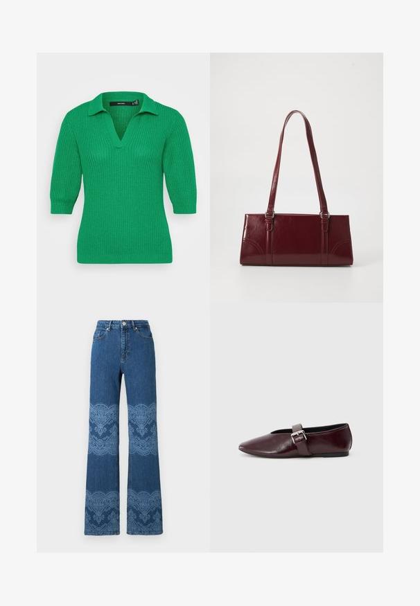 Groene gebreide pullover met een V-hals en korte mouwen. De textuur van de stof heeft een geribd patroon; voorzien van een klassieke kraag.; Blauwe high-waisted rechte jeans met lichtblauwe bloem- en kantachtige patronen op de dijen en kuiten, voorzakken en knopen aan de voorkant.; Bordeaux leren balletschoenen met een puntige neus, een platte zool en een decoratieve gesp over de wreef. Glad, glanzend oppervlak.; Bourgondische handtas van glanzend materiaal, rechthoekige vorm, met twee schouderbanden en subtiele gebogen accenten aan de voorkant.