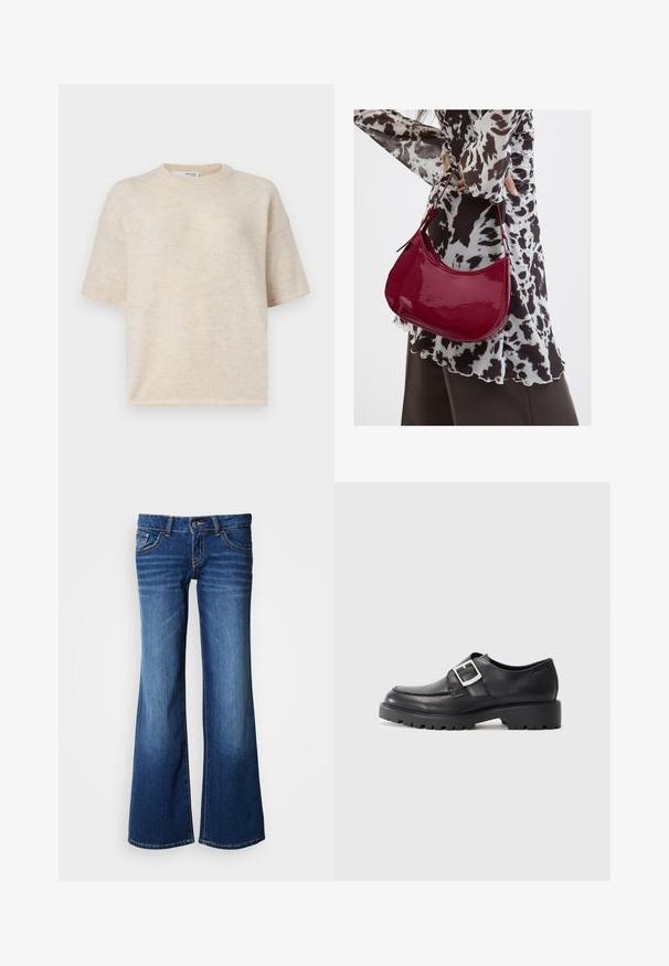 Kortærmet beige striktrøje med rund halsudskæring, blød tekstur og afslappet pasform. Har subtile farvevariationer i hele stoffet.; Bukser af blå jeans i mørkeblå med udvidede ben. Har klassisk design med fem lommer, knaplukning og kontrastsyning. Glat tekstur.; Sorte lædersko med en rund tå, der har en sidebuckle-detalje og en tyk, robust sål. Glat tekstur med minimal syning.; Kvinde iført en sort- og hvidmønstret bluse, der holder en blank rød skuldertaske mod en ensfarvet baggrund.