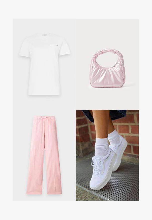 T-shirt en coton blanc avec un col rond, des manches courtes et une poche sur la poitrine gauche. Présente une petite impression noire indiquant "REPLAY EST 1981."; Pantalons large rose clair en tissu doux, dotés d'une taille élastique avec cordon de serrage pour un ajustement réglable et une texture subtile.; Baskets en toile blanches avec semelles en caoutchouc, dotées de six œillets, d'un bout rond et de détails de couture légers, portées avec des chaussettes blanches mi-mollet.; Sac à main rose rembourré avec un design arrondi, fabriqué à partir d'un matériau brillant. Dispose d'une poignée froncée et d'une fermeture éclair pour un accès sécurisé.