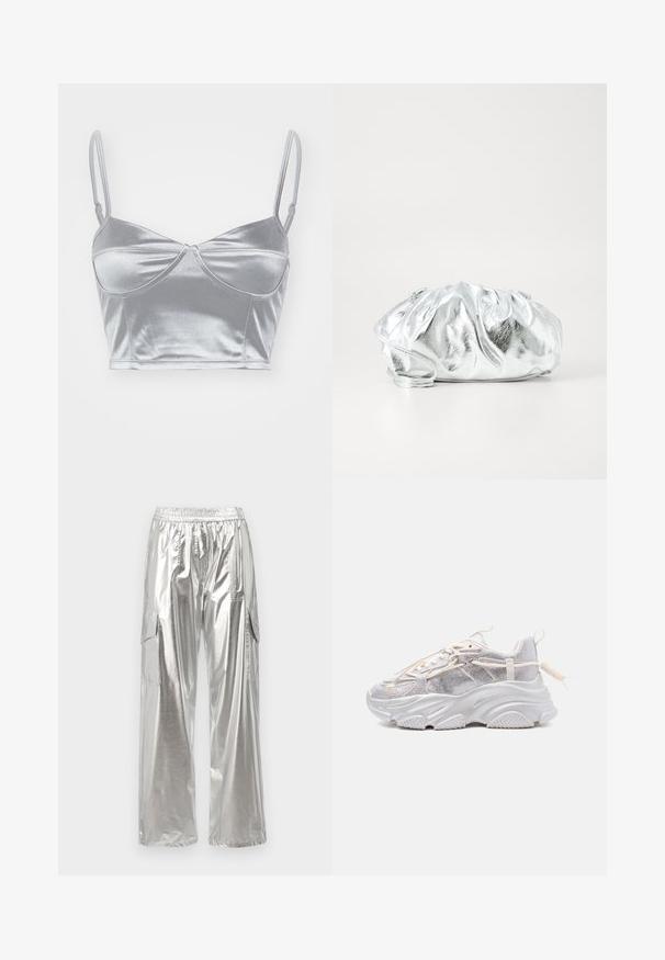 Strieborný saténový bralet s tenkými nastaviteľnými ramienkami, výstrihom do tvaru srdca a prekrúteným dizajnom v strede. Hladká, lesklá textúra.; MCM METALLIC PANTS - Kapsáče - silver; Robustná biela teniska s panelmi z priedušnej sieťoviny, hrubou textúrovanou podrážkou, elastickými šnúrkami so slučkou a pútkom na päte zobrazená z profilu.; Metalická strieborná kabelka na rameno s mäkkým, zbieraným telom a tenkým ramenným popruhom. Má hladký, lesklý povrch a okrúhly tvar.