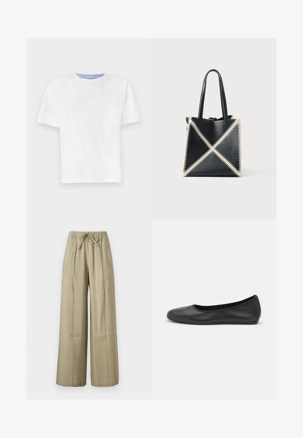 T-shirt blanc en coton avec un col rond. Présente des manches courtes et un détail rayé bleu à l'intérieur du col. Texture douce, coupe régulière.; Pantalon beige à jambes larges avec taille élastique et lien à l’avant, en tissu léger pour un usage décontracté.; Ballerines en cuir noir avec un bout rond, texture lisse, détails de couture minimalistes et design de semelle flexible.; Sac fourre-tout en cuir noir avec des coutures crème formant un motif en X. Il dispose de deux poignées noires et d'une forme non structurée.