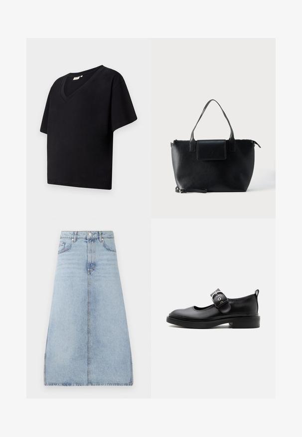 Zwarte katoenen t-shirt met een V-halslijn, korte mouwen en een loose fit. Voorzien van een klein merkje bij de zoom.; Lichtblauwe denim midi-skirt met een knoop- en ritssluiting aan de voorkant, zijzakken en riemlussen, weergegeven op een witte achtergrond.; Zwarte leren Mary Jane-schoen met dikke zool, afgeronde neus, zilveren gespsluiting en een treklus aan de achterkant.; Zwarte leren totebag met twee handvatten, een afneembare band, magnetische klepsluiting en een gladde textuur. Rits aan de bovenzijde en sierstiksels.