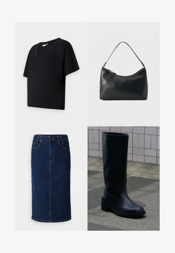 Schwarzes Baumwoll-T-Shirt mit V-Ausschnitt, kurzen Ärmeln und lockerem Schnitt. Verfügt über ein kleines Markenlogo nahe dem Saum.; Denim-Midikleid in Dunkelblau mit geradem Schnitt, vorderen Taschen und kontrastierenden orangenen Nähten. Glatte Textur mit minimalen Details.; Hoher schwarzer Lederstiefel mit niedrigem klobigem Absatz, stehend auf Pflaster neben gefliestem Wandhintergrund.; Schwarze Schultertasche aus strukturiertem Leder mit gewölbtem Reißverschluss oben und einem verstellbaren Riemen vor einfarbigem Hintergrund.