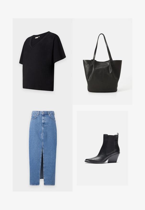 Sort bomulds t-shirt med V-udskæring, korte ærmer og løs pasform. Har et lille brandlogo nær kanten.; Lyseblå denim midi-nederdel med en frontslids, klassisk fem-lomme design og lukning med topknap. Stoffet har en let struktur.; Sorte læder ankelstøvler med spids tå, elastiske sidepaneler og blokhæl. Finishen er glat med et strømlinet design.; Sort læder tote taske med en tekstureret overflade, to lange håndtag og et åbent topdesign. Enkel og praktisk form.