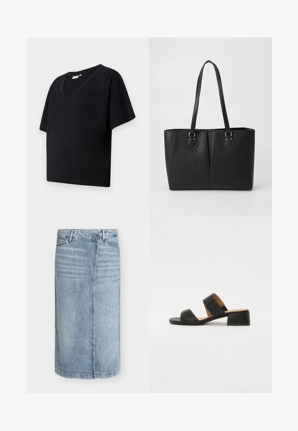 Zwarte katoenen t-shirt met een V-halslijn, korte mouwen en een loose fit. Voorzien van een klein merkje bij de zoom.; Lichtblauwe denim midi rok met voorspenen, knoopsluiting, lussen voor riem en klassiek ontwerp met vijf zakken.; Zwarte leren sandaal met twee brede banden over de voet, een vierkante neus en een lage blokhak. Glad textuur en minimaal ontwerp.; Zwarte neplederen tote bag met een gestructureerde afwerking, twee lange handvatten en goudkleurige hardware-accenten aan de zijkant. Rechthoekige vorm.