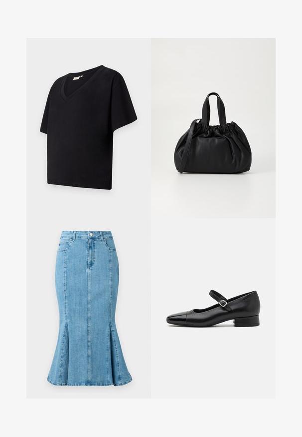 Schwarzes Baumwoll-T-Shirt mit V-Ausschnitt, kurzen Ärmeln und lockerem Schnitt. Verfügt über ein kleines Markenlogo nahe dem Saum.; Helles, blaues Denim-Bleistiftrock mit ausgestellt Saum und Seitenschlitzen, ausgestattet mit einem vorderen Knopfverschluss und Taschen. Schlichtes, sauberes Design.; Schwarze Leder-Mary-Jane-Schuhe mit einer patentierten Zehenkappe, verstellbarem Knöchelriemen und niedrigem Blockabsatz. Glatte Textur und elegantes Design.; Schwarze Lederhandtasche mit einem gerafften Oberteil, ausgestattet mit zwei kurzen Griffen und einem langen verstellbaren Schulterriemen. Glatte Textur, runde Form.