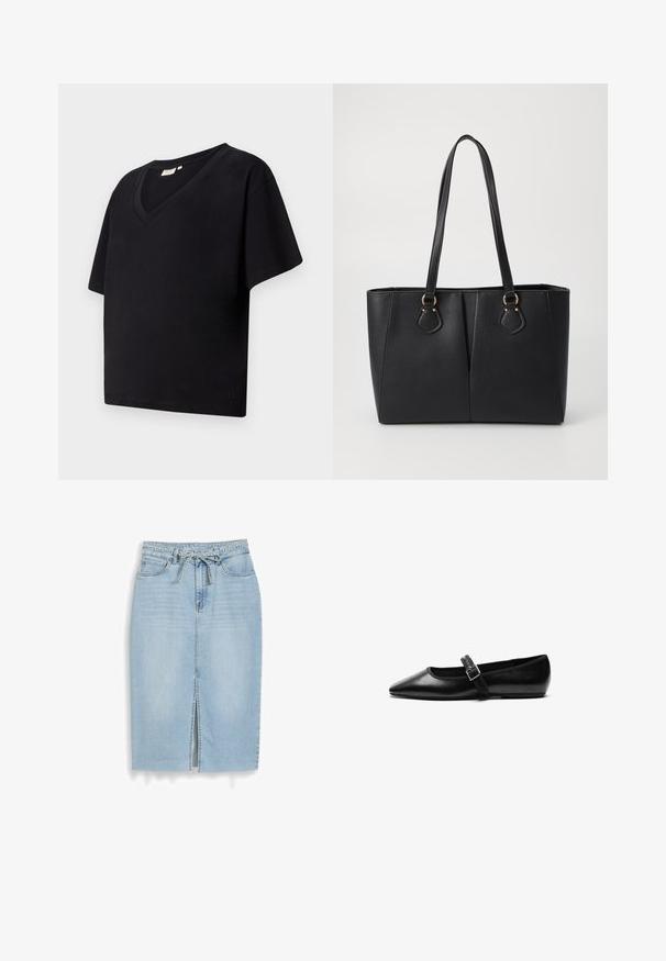 Sort bomulds t-shirt med V-udskæring, korte ærmer og løs pasform. Har et lille brandlogo nær kanten.; Lyseblå denim mellemlang nederdel med frontslids, fem-lommer stil, bæltestropper og et bundet denimbælte i taljen.; Sorte flade sko lavet af læder med spidse tæer, justerbar rem med metalspænde, glat tekstur og minimalistisk design.; Sort faux læder tote taske med en tekstureret finish, to lange håndtag og hardware i guld tone-accenter på siden. Rektangulær form.