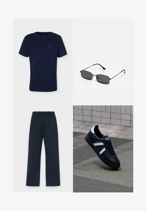 Camiseta azul marino de manga corta con cuello redondo y bolsillo en el pecho que muestra un pequeño logo sobre un fondo liso.; Pantalones de algodón azul marino con un diseño de pierna recta, que cuentan con un cierre frontal de botón y pasadores para cinturón. Textura sencilla y uniforme, sin patrones.; Zapatilla de cuero negra con rayas blancas, suela de goma texturizada y parte frontal con cordones. Cuenta con una etiqueta de marca en la lengüeta.; Gafas de sol rectangulares negras con marco delgado de metal y lentes oscuros apoyadas sobre una superficie blanca.
