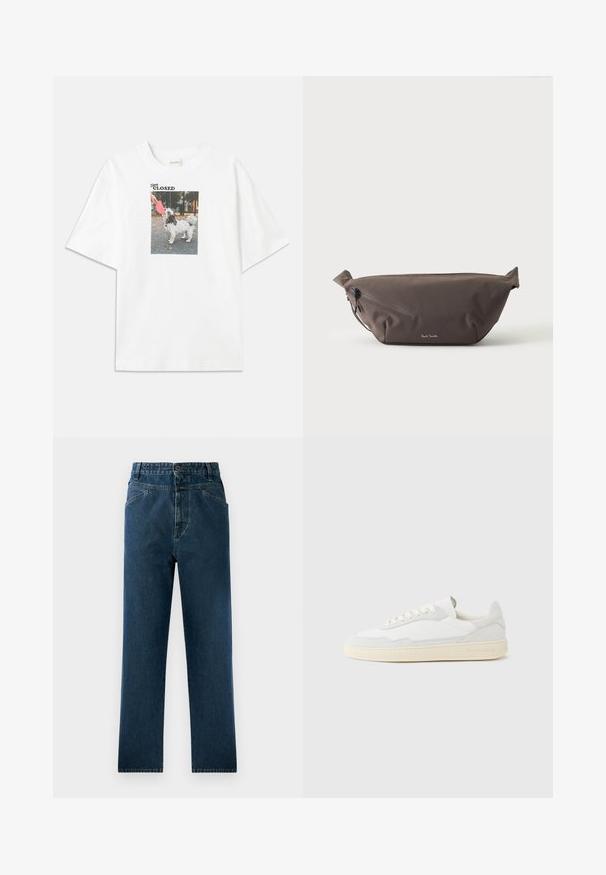 T-shirt en coton blanc avec une impression photo rectangulaire d'un chien tenant un frisbee rose. Le texte au-dessus de l'image indique "Rester FERMÉ."; Jean droit en denim bleu foncé avec taille haute, comprenant des poches avant et une fermeture à bouton. Tissu texturé avec un léger dégradé.; Baskets blanches avec dessus en daim et cuir texturé. Caractérisées par un bout arrondi, une fermeture à lacets et une semelle en caoutchouc beige contrastante.; Sac banane en tissu marron foncé avec poche zippée en diagonale et petit logo blanc sur le devant, sur un fond clair uni.