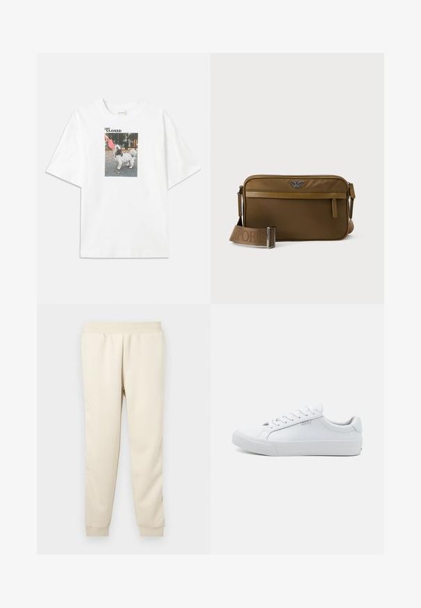 T-shirt en coton blanc avec une impression photo rectangulaire d'un chien tenant un frisbee rose. Le texte au-dessus de l'image indique "Rester FERMÉ."; Pantalons de survêtement beige clair fabriqués en tissu doux avec un design fuselé, une ceinture élastique et des poignets aux chevilles. Pas de motifs ou d'accents visibles.; Baskets blanches en cuir avec une finition lisse, design bas, bout rond et semelle plate en caoutchouc. Dotées de lacets plats et d'une signalétique minimale.; Sac bandoulière rectangulaire marron avec poche zippée à l'avant, sangle réglable embossée du nom de la marque, et logo métallique au centre supérieur.