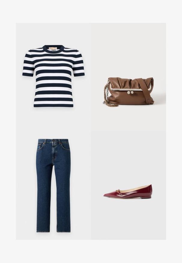 Haut à manches courtes en maille côtelée avec des rayures horizontales bleu marine et blanches et un col rond.; Jean droit en denim bleu foncé avec fermeture à bouton et zip à l'avant, poches avant et arrière, et surpiqûres contrastées.; Ballerines en cuir verni bordeaux avec un bout pointu, présentant un petit détail découpé et un petit talon. Texture lisse et design épuré.; Sac à épaule en cuir souple marron avec cadre métallique argenté et fermoir, une sangle réglable et une poignée chaîne tressée sur fond blanc.