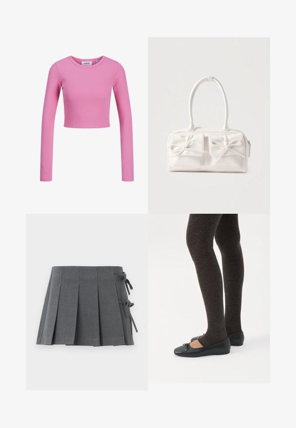 Langærmet, cropped top i lyserødt ribbet stof. Har en rund halsudskæring og et tætsiddende design med en glat tekstur.; Grå plisseret mininederdel i et struktureret stof med bindelukning på den ene side og en glat linning for øget komfort.; Ben iført mørke ribbede leggings kombineret med sorte balletsko med små sløjfedetaljer på hvid baggrund.; Hvid syntetisk håndtaske med to forlommer, hver med en bundet sløjfedetalje. Glat tekstur, afrundede håndtag og lynlås lukning.
