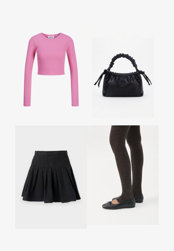 Top corto de manga larga en tela de canalé de color rosa claro. Presenta un cuello redondo y un diseño ajustado con una textura suave.; Falda negra plisada hecha de tejido de algodón. Presenta una cintura ajustada y un dobladillo acampanado. Diseño sencillo sin patrones visibles ni adornos.; Piernas con leggings oscuros acanalados combinados con bailarinas negras que presentan pequeños detalles de lazo sobre un fondo blanco.; Bolso negro con textura de cocodrilo, borde superior fruncido, asa recogida y cordones con borlas en cada lado sobre un fondo blanco.