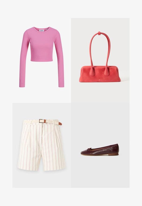 Langærmet, cropped top i lyserødt ribbet stof. Har en rund halsudskæring og et tætsiddende design med en glat tekstur.; Hvide shorts med tynde røde lodrette striber og plisseringer, med et flettet beige bælte med en guldlås og brune læderdetaljer.; Bordeaux læder balletflade med spids tå, en lille sløjfe accent og en tekstureret finish. Lav træhæl.; Rød læderhåndtaske med en lang, tynd hank, der er snoet og fastgjort i toppen, vist mod en ensartet lys baggrund.