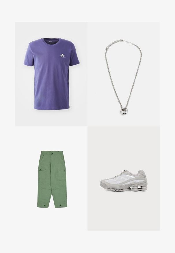 Fialové tričko s krátkym rukávom a okrúhlym výstrihom s malým bielym logom Alpha Industries na ľavej strane hrude na bielom pozadí.; Zelené cargo nohavice s voľným strihom, dvoma veľkými bočnými vreckami a nastaviteľnými manžetami na členkoch. Vyrobené z texturovanej bavlnenej látky.; Šedá a biela športová teniska s viditeľnou podrážkou s vzduchovou vložkou a sieťovinovými panelmi, zobrazená v profile na jednoduchom svetlom pozadí.; Srebrno tónovaný kovový náhrdelník s krúteným reťazcom a okrúhlym príveskom s lesklým povrchom.
