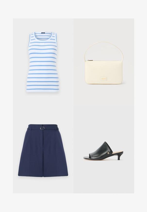 Débardeur blanc sans manches en maille côtelée avec des rayures horizontales bleu clair et un col rond, présenté sur un fond uni.; Shorts ajustés bleu marine avec une ceinture, dotés d'une passante de ceinture, de détails plissés et d'une texture de tissu lisse. Coupe droite standard.; Mules ouverts en cuir noir avec un talon bas. Présentent une surface lisse et un accent logo doré sur le côté.; Sac à main rectangulaire de couleur crème avec une seule sangle et une fermeture éclair sur le dessus, comportant une petite plaque de logo embossé à l'avant.