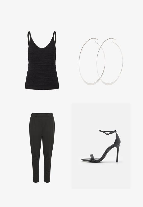Schwarzes gehäkeltes Tanktop mit V-Ausschnitt, dünnen Trägern und einem texturierten Muster mit gleichmäßigen Reihen. Geeignet zum Layering oder für legere Anlässe.; Schwarze, maßgeschneiderte Hose aus glattem Stoff, schmale Passform, mit gefaltetem Vorderteil und flachem Bund. Knöchellang und ohne sichtbare Hardware.; Schwarze High Heels Sandalen mit offener Zehe, dünnen Riemen und Knöchelverschluss. Glatte Ledertextur mit spitzem Zehendesign.; Silberne Creolen mit einem dünnen, glatten Design; länglich-ovale Form; polierte Oberfläche; ausgestattet mit einem sicheren Hakenverschluss.