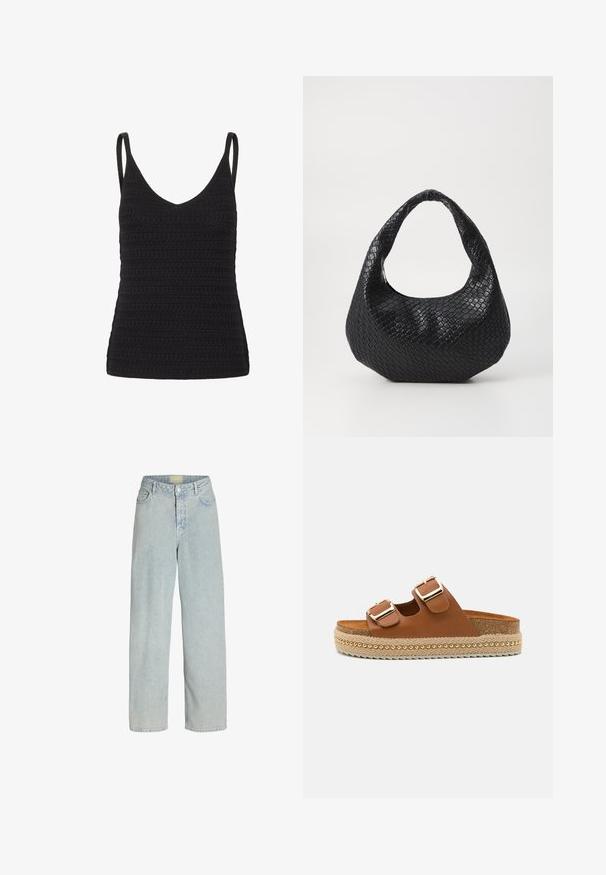 Zwart gehaakt tanktop met een V-hals, dunne bandjes en een getextureerd patroon met gelijkmatige rijen. Geschikt voor lagen of casual draag.; Lichtblauwe denim wide-leg jeans met een hoge taille, voorzakken en een knoopsluiting. De stof heeft een zachte, licht gestructureerde uitstraling.; Bruine leren slippers met twee verstelbare banden en gouden gespen. Platformzool met een gevlochten textuur en kleine gouden accenten.; Zwarte geweven handtas met een gebogen handvat, met een gestructureerd oppervlak en een slouchy vorm. Gladde afwerking met een organische silhouette.