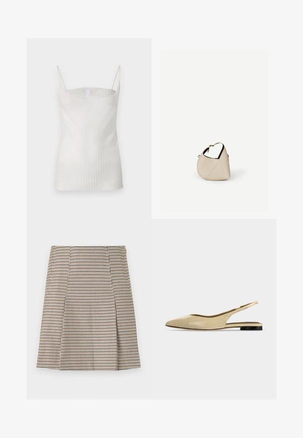 Haut sans manches blanc avec une partie supérieure lisse et une texture plissée en bas. Dispose de fines bretelles et d'un ourlet droit.; Jupe jusqu'aux genoux à motif pied-de-poule marron et noir, légèrement évasée en forme trapèze avec un détail de boutons sur le côté.; Chaussure plate beige à bout pointu avec bride arrière, petit talon noir et finition en cuir lisse, vue de côté sur un fond uni.; Sac à main en cuir beige en forme de croissant avec une seule bandoulière et des coutures minimalistes, posé sur un fond blanc uni.