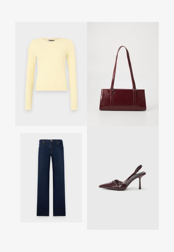 Chemise à manches longues jaune clair côtelée avec un col rond et un ourlet légèrement raccourci sur un fond uni.; Jean en denim bleu foncé droit avec cinq poches et une fermeture à boutons à la taille.; Escarpin slingback en cuir verni bordeaux avec bout pointu, fine bride à la cheville et petit détail décoratif de boucle. Texture lisse et talon haut.; Sac à main bordeaux en matériau brillant, de forme rectangulaire, avec deux anses et des accents légèrement courbés à l'avant.
