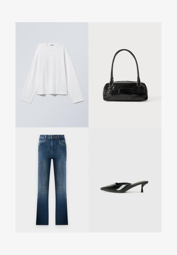 Camiseta blanca de manga larga con cuello redondo y un ajuste relajado, mostrada plana sobre un fondo gris claro.; Jeans de mezclilla acampanados en azul oscuro, con un lavado desgastado, cinco bolsillos y pasadores para cinturón. Diseño clásico con cierre delantero de botón.; Mulas de charol negro con punta afilada, tacón bajo tipo kitten y lados curvados, con acabado brillante y diseño minimalista.; Bolso de mano de cuero negro con forma rectangular, equipado con un asa estructurada, herrajes en plata y cierre de cremallera. Textura suave.