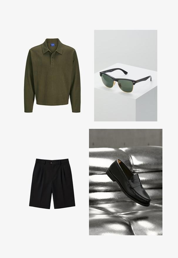 Olijfgroen polo shirt met lange mouwen, gemaakt van gestructureerde stof. Heeft een kraag, een drieknoopsluiting en een ontspannen pasvorm.; Zwarte, op maat gemaakte knielange shorts met plooien aan de voorkant, zijzakken, riemlussen en een knoopsluiting in de taille.; Zwarte leren loafer zweeft boven een glanzende zilveren leren bank met knopen in een minimalistische setting.; Ray-Ban zonnebrillen met groene lenzen, zwarte plastic monturen en gouden accenten aan de randen. Vierkante vorm met een matte afwerking.