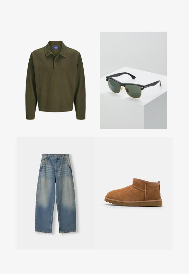 Olijfgroen polo shirt met lange mouwen, gemaakt van gestructureerde stof. Heeft een kraag, een drieknoopsluiting en een ontspannen pasvorm.; Lichtblauwe denim broek met wijde pijpen en een vervaagde afwerking, vijf zakken ontwerp en een ruwe zoom. Voorzien van een knoop- en ritssluiting aan de voorkant.; Tan suède enkellaars met een ronde neus, subtiele stiksels en een gestructureerde rubberen zool. Korte hoogte zonder veters.; Ray-Ban zonnebrillen met groene lenzen, zwarte plastic monturen en gouden accenten aan de randen. Vierkante vorm met een matte afwerking.