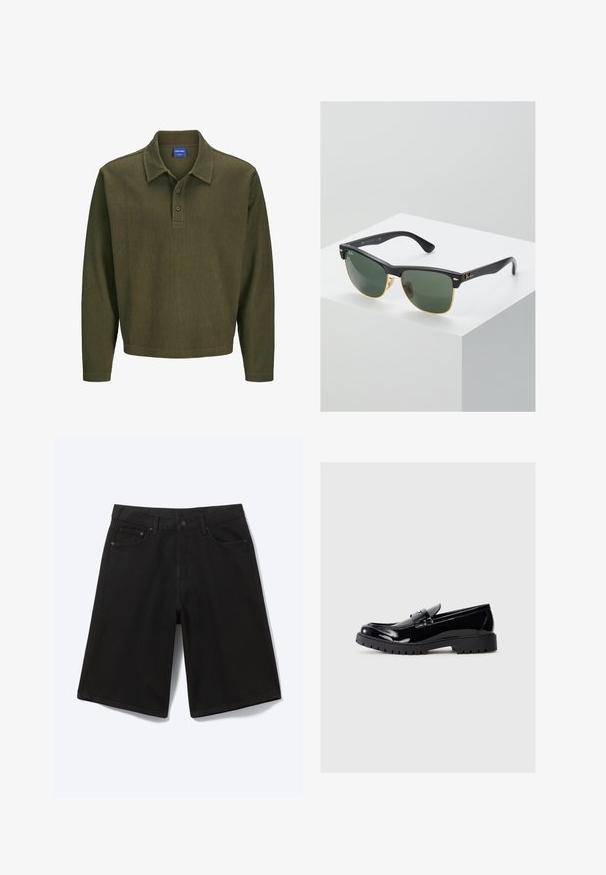 Olijfgroen polo shirt met lange mouwen, gemaakt van gestructureerde stof. Heeft een kraag, een drieknoopsluiting en een ontspannen pasvorm.; Zwarte denim short tot op de knie met voorste knoop, riemlussen en vijf zakken, afgebeeld tegen een witte achtergrond.; Zwarte gepatineerde leren instappers met een ronde neus, decoratieve band en een chunky rubberen zool met diepe groeven voor extra grip.; Ray-Ban zonnebrillen met groene lenzen, zwarte plastic monturen en gouden accenten aan de randen. Vierkante vorm met een matte afwerking.