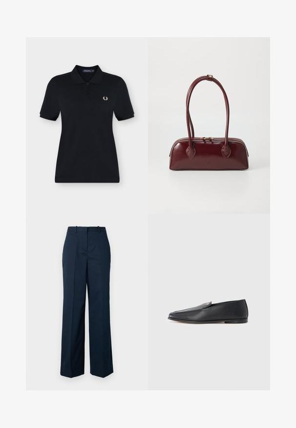 Polo noir à manches courtes avec deux boutons et petit logo blanc de couronne de laurier sur la poitrine gauche.; Pantalon bleu marine ajusté à coupe droite, présentant un pli sur le devant, des poches latérales et un tissu doux en mélange de coton.; Mocassins en cuir noir à texture lisse, bout arrondi et détails de couture subtils. Ils présentent un accent logo doré sur le côté supérieur.; Sac à main en cuir bordeaux avec une forme courbée, deux poignées, fermeture éclair et détails de couture subtils. Fini lisse et brillant.