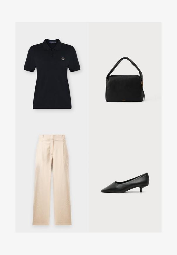 Polo noir à manches courtes avec deux boutons et petit logo blanc de couronne de laurier sur la poitrine gauche.; Pantalon beige en tissu lisse. Présente une coupe droite, un devant plat et deux plis. Sans motifs visibles ni accessoires.; Escarpin femme en cuir noir à petit talon, bout pointu et petit talon kitten sur fond clair uni.; Sac à main en cuir noir avec une texture lisse, de forme rectangulaire et une poignée courbée. Il dispose d'une fermeture éclair dorée et d'une marque discrète à l'avant.