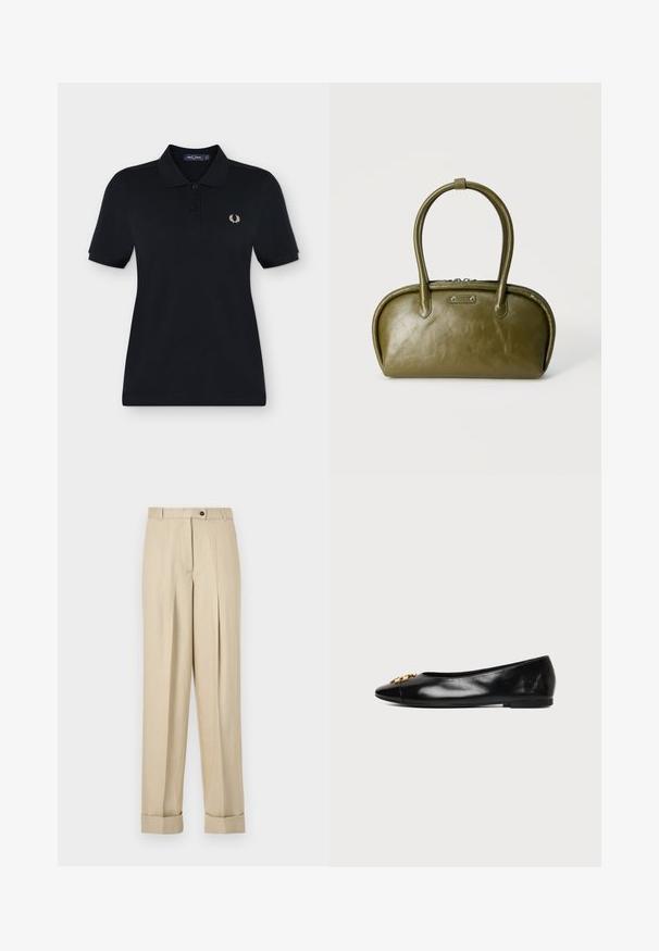Polo noir à manches courtes avec deux boutons et petit logo blanc de couronne de laurier sur la poitrine gauche.; Pantalon beige taille haute avec plis, passants pour ceinture, fermeture par bouton et zip, et ourlets retroussés sur un fond uni.; Chaussure plate en cuir noir avec un bout pointu et un emblème décoratif doré sur fond blanc uni.; Sac à main en cuir vert olive, de forme arrondie, avec double poignée et une petite plaque métallique avec logo au centre devant.