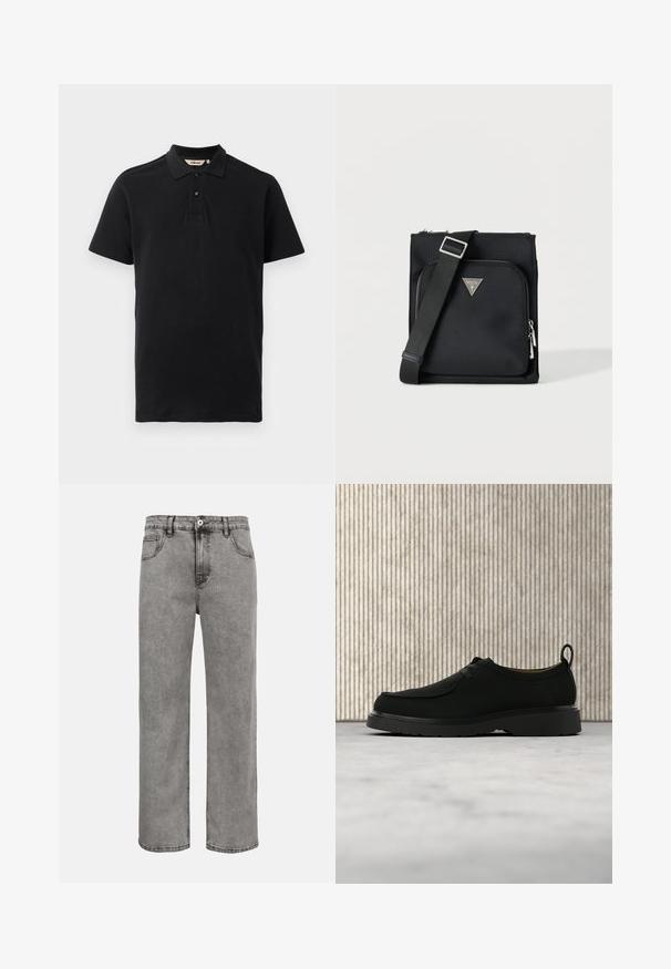 Sort polo shirt lavet af tekstureret bomuld. Har en to-knaps placket, korte ærmer og et diskret broderet logo på brystet.; Grå denim jeans med lige ben, for-lynlås og knap, for- og baglommer samt synlige sømme.; Sort lædersko til fritid med snørebånd, tyk sål og træksnor, placeret i luften over beige tæppe med brunt rundt møbel i baggrunden.; Sort crossbody taske med justerbar rem, forreste lynlåslomme og sølv Guess-logo på tekstureret stof.