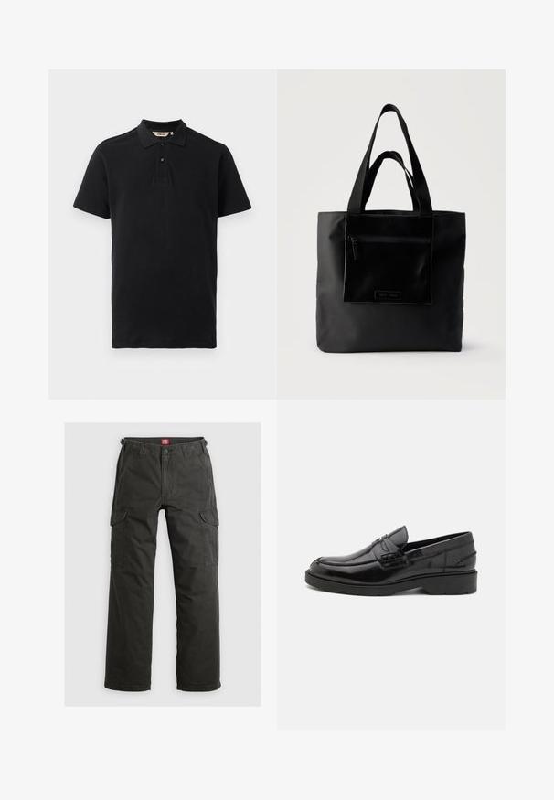 Polo negro hecho de algodón texturizado. Presenta un cierre con dos botones, mangas cortas y un sutil logo bordado en el pecho.; Pantalones cargo gris oscuro fabricados en algodón duradero, con bolsillos laterales, un corte relajado y cierre de botón en la cintura.; Mocasines de cuero negro con un acabado suave, punta redondeada, tacón bajo y costura decorativa en la parte delantera. Suela de goma para mayor agarre.; Bolso tote negro con bolsillo frontal con cremallera y asas dobles, sobre un fondo claro y liso.