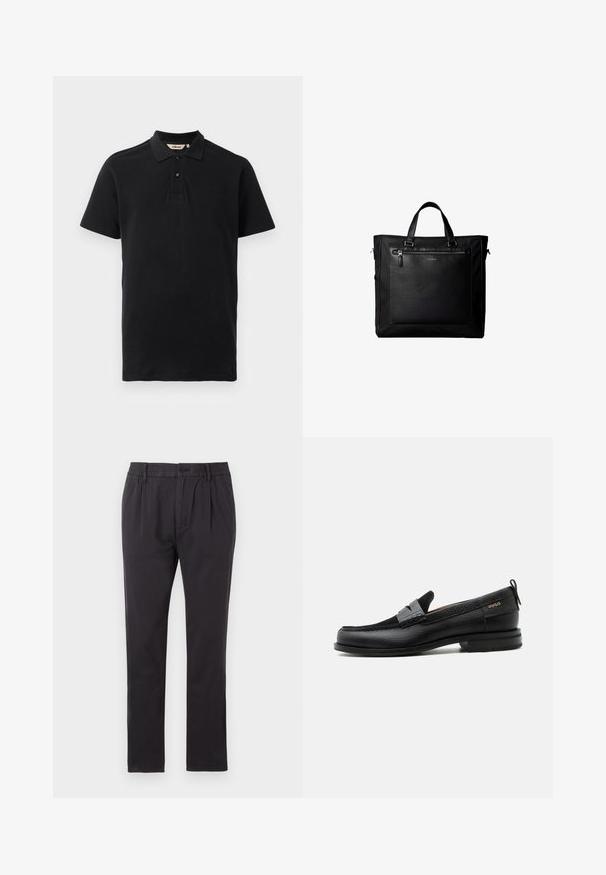 Mustade tekstuuriga puuvillane polo särk. Omab kahte nupuvajutust, lühikesi varrukaid ja õrnalt tikitud logo rinnal.; Tommy Jeans ISAAC LIGHT - Chino-püksid - black; Must nahast loafer halli rihma detailiga, madala kand ja tekstuurse tallaga, külgedel kuldse "HUGO" brändiga.; Must kahe käepidemega kandekott, suur esiosa nahast tasku tõmblukuga ja diskreetne Calvin Kleini logo tasku keskel.