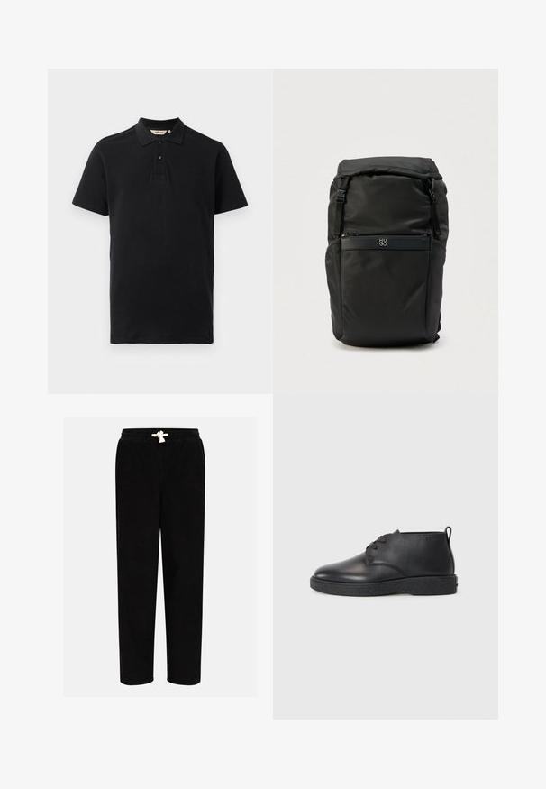 Sort polo shirt lavet af tekstureret bomuld. Har en to-knaps placket, korte ærmer og et diskret broderet logo på brystet.; Sorte fløjlsbukser med elastisk talje og beige snor. Lige ben design med blød tekstur og minimal detaljer.; Sorte læder ankelstøvler med glat tekstur, rund tå og sort gummisål. Har en snørelukning og en hælflap for nem påtagning.; Sort nylonrygsæk med lynlåslomme foran og justerbare stropper, med lille "HUGO"-logo ovenover lommen.