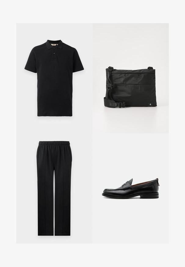 Polo negro hecho de algodón texturizado. Presenta un cierre con dos botones, mangas cortas y un sutil logo bordado en el pecho.; Pantalones negros de tela suave con cintura elástica, diseño de pierna recta y dos bolsillos laterales. Presenta detalles de costura oculta.; Mocasín de hombre de piel negra con costura moc toe, tira penny, cuello texturizado y tacón bajo apilado sobre fondo blanco.; Bolso mensajero de nylon negro con correa ajustable, diseño plano y una etiqueta lateral con un logo. Textura suave y estilo minimalista.