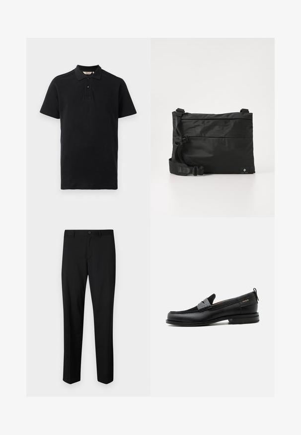 Sort polo shirt lavet af tekstureret bomuld. Har en to-knaps placket, korte ærmer og et diskret broderet logo på brystet.; Sorte skræddersyede bukser med flad front, standard talje og lige ben. Lavet af glat stof, med en enkelt knaplukning.; Sort læderloafer med grå remdetalje, lav hæl og tekstureret sål, mærket med "HUGO" i guld på siden.; Sort nylon messenger-taske med justerbar rem, fladt design og et sideetiket med et logo. Glat tekstur og minimalistisk stil.