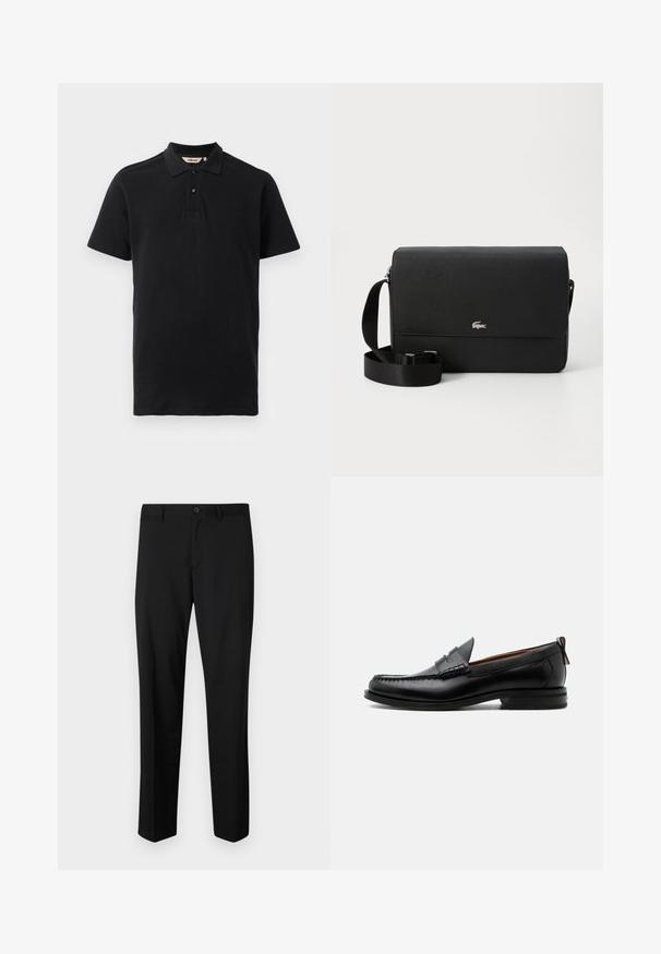 Sort polo shirt lavet af tekstureret bomuld. Har en to-knaps placket, korte ærmer og et diskret broderet logo på brystet.; Sorte skræddersyede bukser med flad front, standard talje og lige ben. Lavet af glat stof, med en enkelt knaplukning.; Sort læder herre loafer med moc-tå syning, penny strop, struktureret krave og lav stablet hæl på hvid baggrund.; Sort læder crossbody taske med en glat overflade, en frontklap, sølv logo accent og en justerbar stofrem.